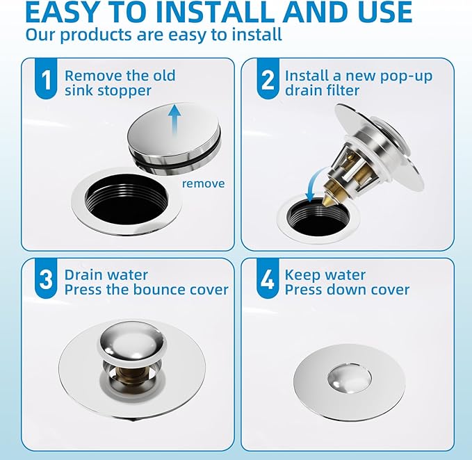 Bathroom Sink Drain Stopper - Pop Up Drain Stopper for Bathroom Sink - Bathroom Sink Hair Catcher Strainer,Chrome