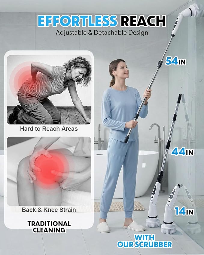 Electric Spin Scrubber, Shower Scrubber with Long Handle, 7 Brush Heads, 2-Speed Cordless Bathroom Cleaning Brush, 54in Extendable Electric Cleaning Brush for Tub, Floor, Kitchen & Barbecue Grill