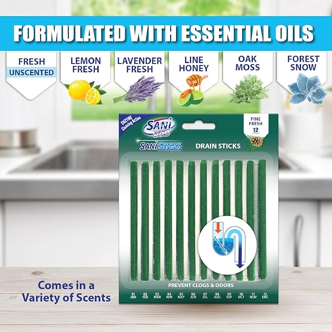 SANI 360° Sani Sticks Drain Cleaner and Deodorizer, Enzyme Pipe Cleaners, Eliminate Odors, Prevent Clogged Drains, Safe for Sinks, Bathtub Drains, Septic Tanks, 24 Count, Pine Scent