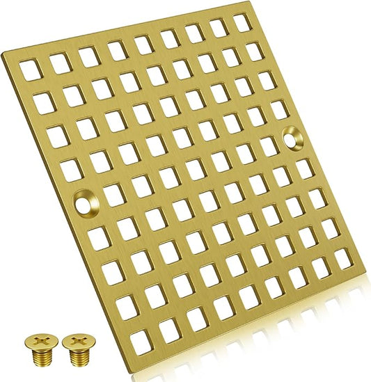 3-7/8" Brushed Gold Shower Drain Cover - Square Floor Drain Cover Replacement - Hair Catcher/Drain Strainer for Bathrooms, Showers, and Sinks - SUS304 Stainless Steel & CUPC Certified