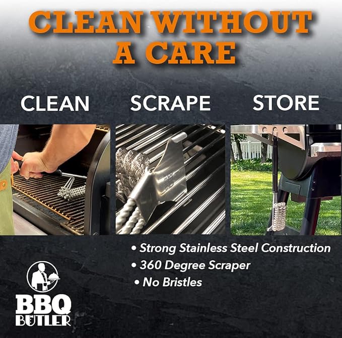 BBQ Butler Bristle Free Grill Brush - 360 Degree Grate Scraper - Safe BBQ Cleaning Grill Brush - Stainless Steel - Grilling Accessories - Gas - Charcoal - Porcelain - Ceramic - BBQ Cleaner