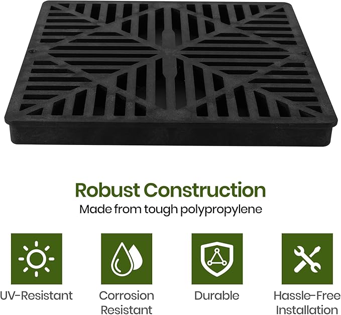 (2-Pack) Calvana Square Drain Grate, Compatible with NDS 1211G, Diamond Design for 12-Inch Catch Basins, Risers, and Low Profile Adapters, Extra Reinforcement for Toughness, Polyethylene, Black