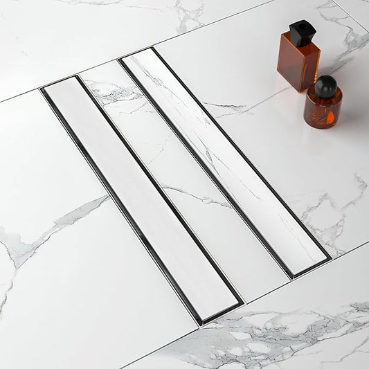 28-Inch Linear Shower Drain with Tile Insert Grate, SUS 304 Stainless Steel Linear Drain, Brushed Nickel Long Rectangle Shower Floor Drain with Leveling Feet, Hair Strainer, Fits Bathroom