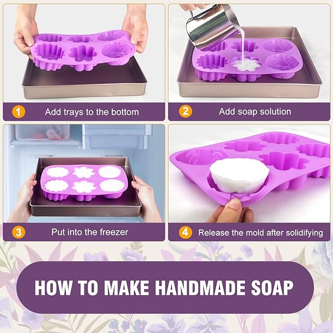 Walfos Soap Molds,4 Pieces Flower and Rectangle Silicone Soap Mold,BPA Free and Dishwasher Safe. Perfect for Homemade Craft Soap, Ice, Mousse, Cake, Jelly.Easy to Pop Out. (Purple)