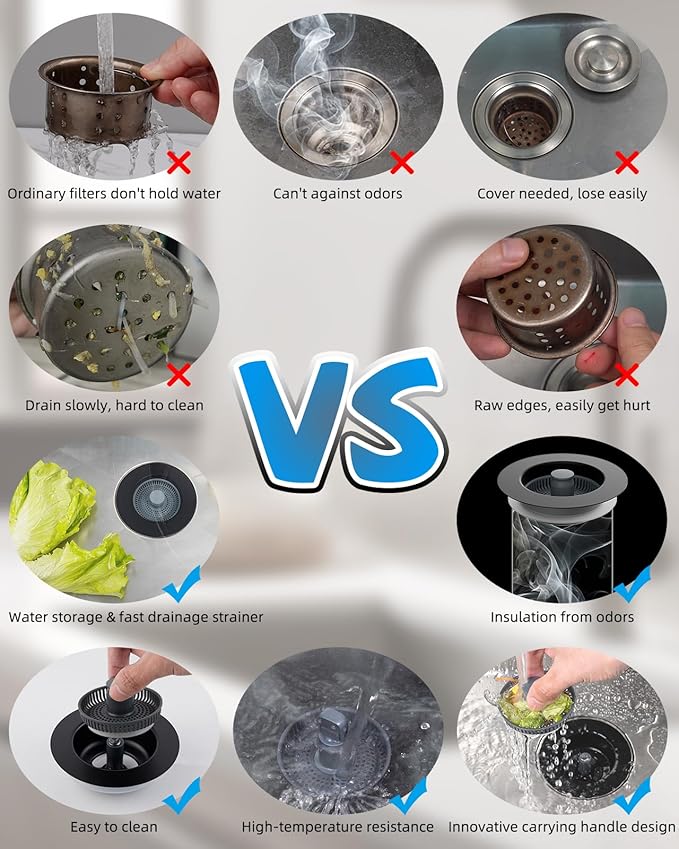 Hibbent Upgraded 3 in 1 Kitchen Sink Drain Strainer and Stopper Combo, Stainless Steel Metal Pop Up Sink Stopper, Anti-Clogging Basket Strainer with Handle for US Standard 3-1/2 Inch Drain, Black