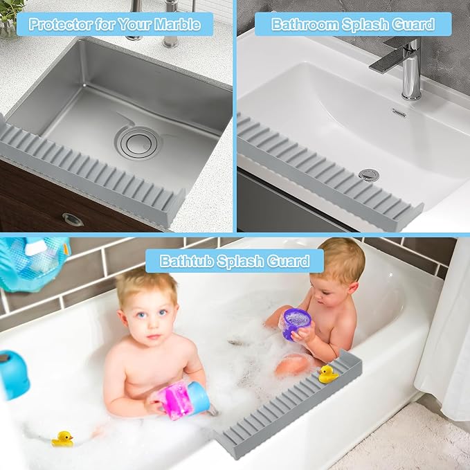 Silicone Faucet Splash Guard 4" x 14", Faucet Water Catcher Mat, Longer Silicone Sink Mat for Kitchen, Bathroom, Laundry Room, Farmhouse for Quartz Kitchen Sink（Gray）