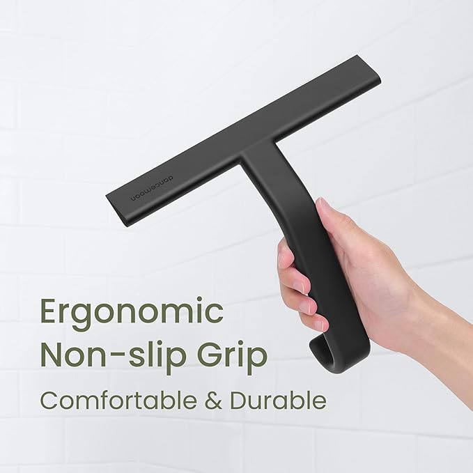 dancemoon JustHang Shower Squeegee for Glass Doors, All-in-One Piece Silicone Squeegee with Built-in Hook for Bathroom, Window, Mirror, Tile Wall, Car, Streak-Free Bathroom Cleaner Tool,10 Inch Black