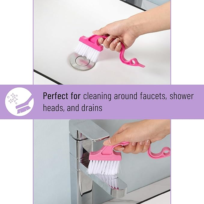 Slick- Window Track Cleaning Brush, 3 Pack, Shades of Pink, Ergonomic Handle, Built-in Scraper, Multipurpose Window Track Cleaning Tools for Faucets, Shower Heads and Drains
