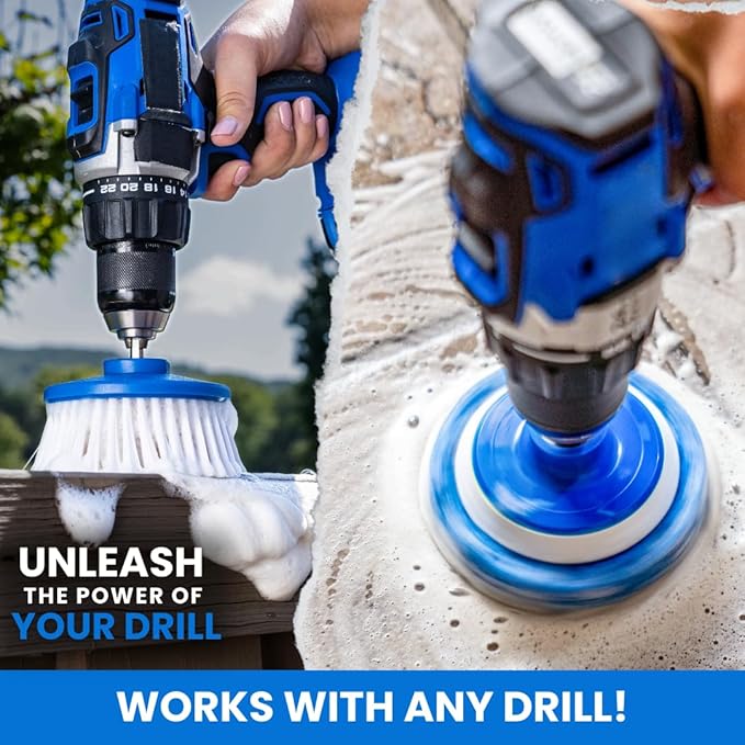 RotoScrub Drill Cleaning Brush & Sponge Pads Kit – Indoor/Outdoor Power Scrubber for Tubs, Showers, Grout, Tile, Tires, Grills, Siding, Wood, Glass Cooktops – Drill Attachment Accessory Set