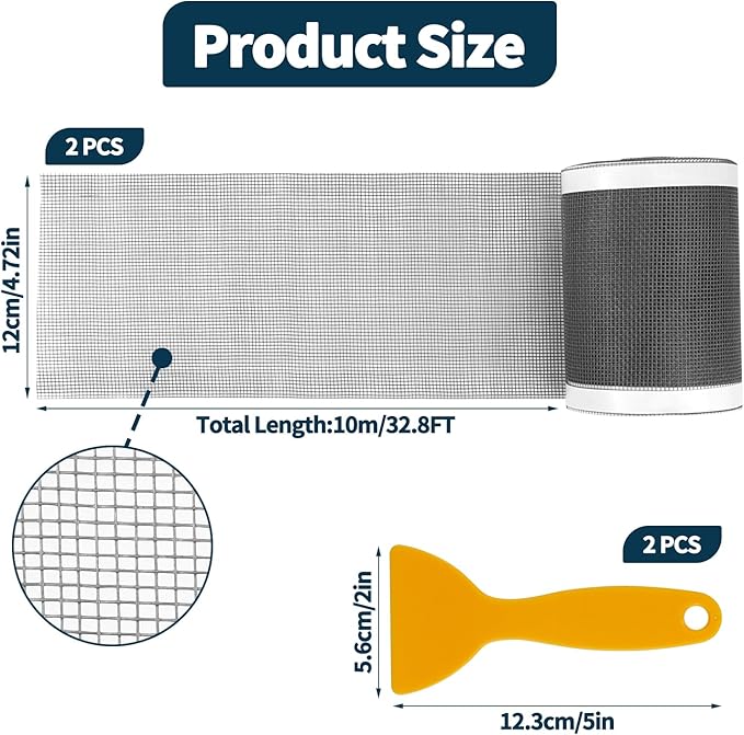 2 PCS 4.7 Inch x 33 FT Disposable Shower Drain Screen Self-Adhesive Stickers, with Cleaning Shovel, Showers Drain Hair Catcher, Shower Drain Mesh Stickers for Bathroom Kitchen Sink