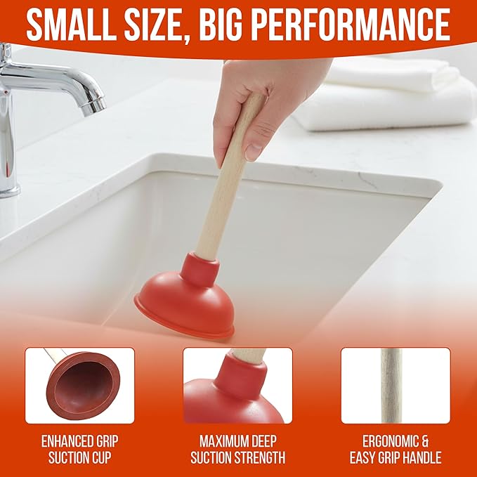 Small Sink Plunger, 10.5-Inch, 4-Inch Mouth, 9-Inch Handle, Compact