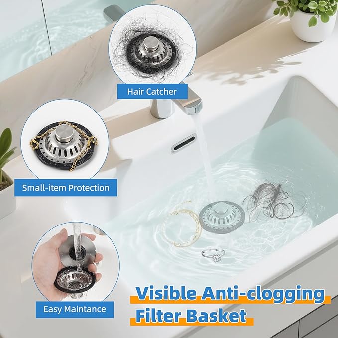 2PACK Universal Bathtub Drain Stopper Shower Hair Catcher Bathroom Sink Strainer, Tub Stopper with Visible Top Strainer, Brass Metal 3 in 1 Stopper for Standard 1.1''~2.36'' Hole, Brushed Nickel