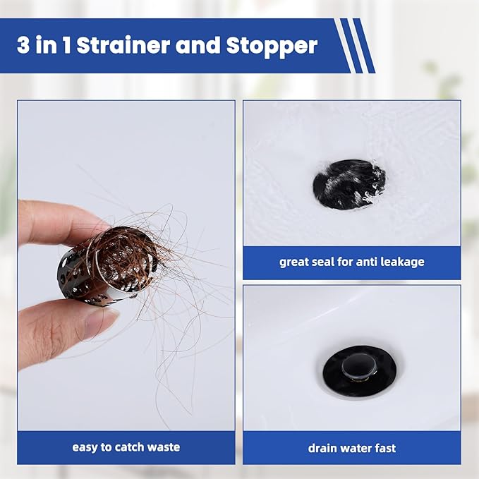 Universal Bathroom Sink Drain Strainer Hair Catcher Upgraded with Removable Stainless Steel Filter Basket, 3 in 1 Pop Up Sink Stopper for 1.1''~2.36'' Sink Basin Hole, Matte Black