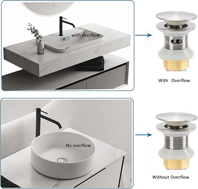Bathroom Sink Drain,2 Pack Drain Stopper Bathroom Sink Without Overflow,Pop Up Drain Assembly with Detachable Strainer Basket,Built-in Anti-Clogging Strainer,Stainless Steel Brushed Nickel