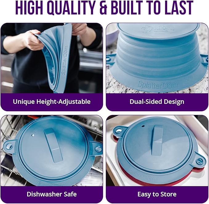 L.I.Q Silicone Splatter Guard – Fits 10 and 12 Inch Pots (25 and 30 Centimeters) – Microwave Safe and Durable SplatterDom - Includes 10” Lid - Food and Oil Splash Guard (Blue Steel, Large)