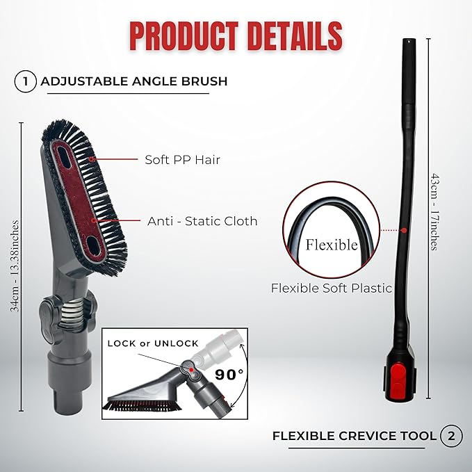 for Dyson Vacuum Cleaning Tools for Hard to Reach Places: Flexible Crevice Tool and Soft Dust Brush with Adjustable Angle - Vacuum Attachments for Dryer Vents, Corner, Ceiling Fans, Top of Furniture