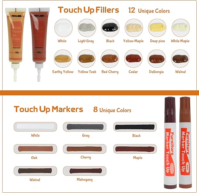 REALINN Wood Furniture Repair Kit- Set of 28 - Touch Up Markers, Fillers with Wood Putty - Repair Scratch, Cracks, Hole, Discoloration for Wooden Door, Floor, Table, Cabinet