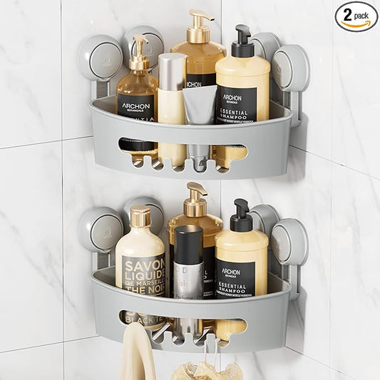 LEVERLOC Corner Shower Caddy Suction Cup, shower shelves suction cup, 2 Pack Basket Powerful Bathroom, Waterproof & Oil-proof Organizer for Kitchen, No-Drilling Removable (Grey)