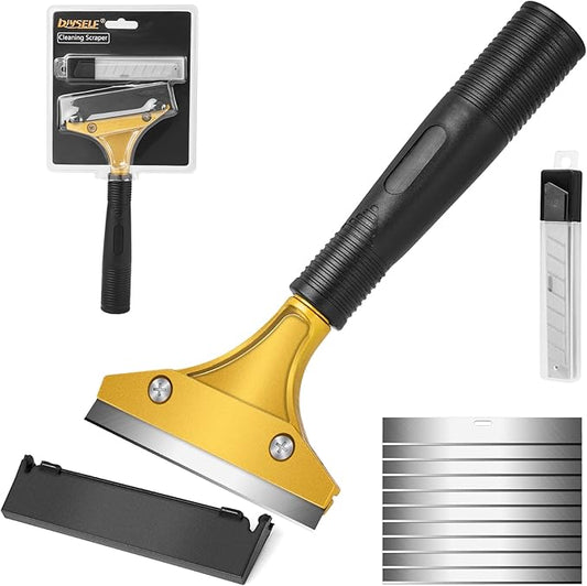 DIYSELF Tile Scraper, Heavy Duty Tool With Protective Cover, Gold Razor Blade for Removing Paint, Wallpaper, Glue From Floors, Glass, Stoves (Extra 10pcs Sk5 Blades)
