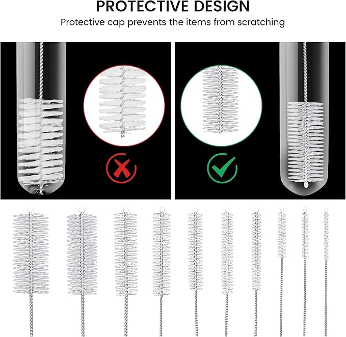 10 Pack Reusable Straw Cleaner Brushes, Assorted Sizes with Extra Long Stainless Steel Handles & Flexible Nylon Bristles, Straw Brush Cleaner for Tumblers, Sippy Cups, Bottles, Pipes & Tubes (White)
