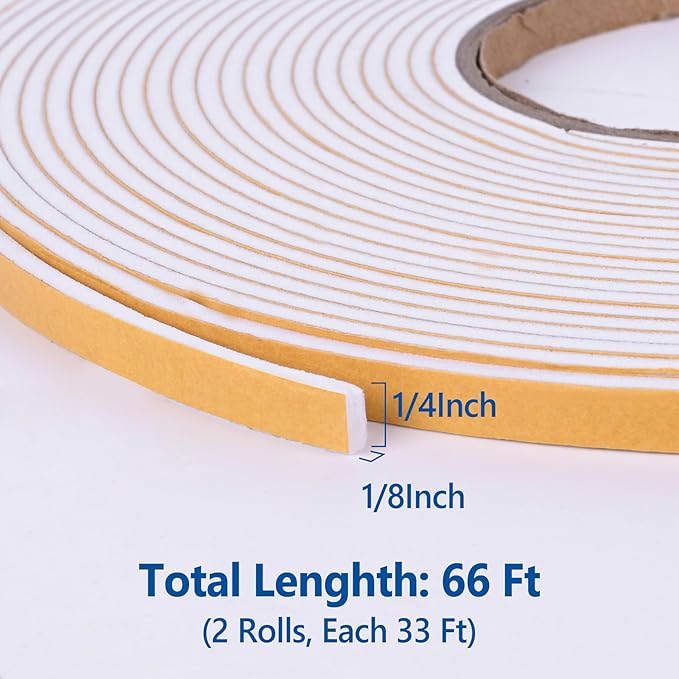 Kikerike Self Adhesive Foam Tape Weatherstrip 1/4in x 1/8in x 66Ft High Density Foam Insulation Strips Seal Weather Stripping with Strong Adhesive for Door and Window Sound Isolation Soundproofing