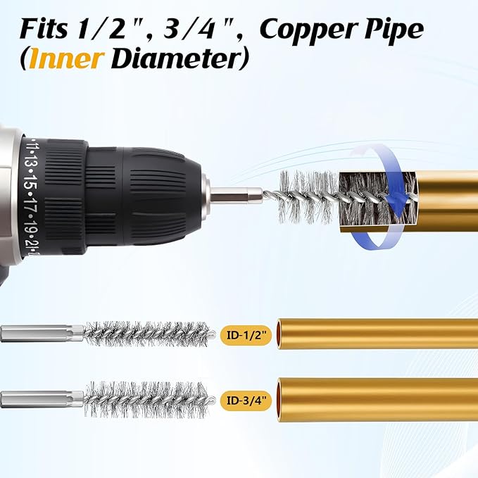 1/2", 3/4" Copper Pipe Cleaner for Drill Set Includes External Stainless Steel Wire Bore Brushes, Internal Tube Cleaning Brushes, Replacement Plumbing Tools (6 Pcs)