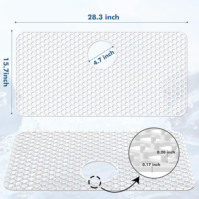 Silicone Sink Protectors for Kitchen Sink with Rear Drain - 28.3"x 15.7" Kitchen Protector Accessory, Non-Slip Heat Resistan Mat for Bottom of Farmhouse Stainless Steel Porcelain (White)
