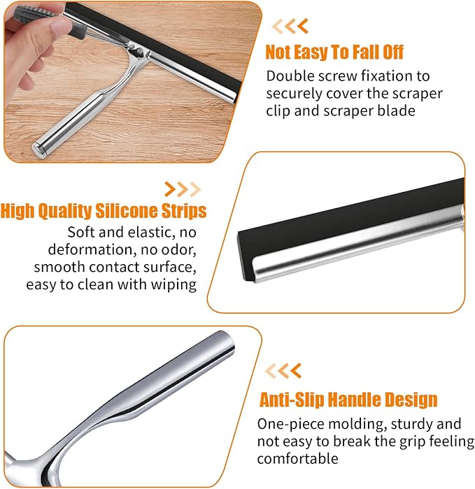 25 cm Stainless Steel Household Squeegee, Anti-Rust Handle Water Squeegee with Silicone Hook, No Drilling, Bathroom Window Scraper for Cleaning Glass Doors, Kitchen, Mirror, Tiles