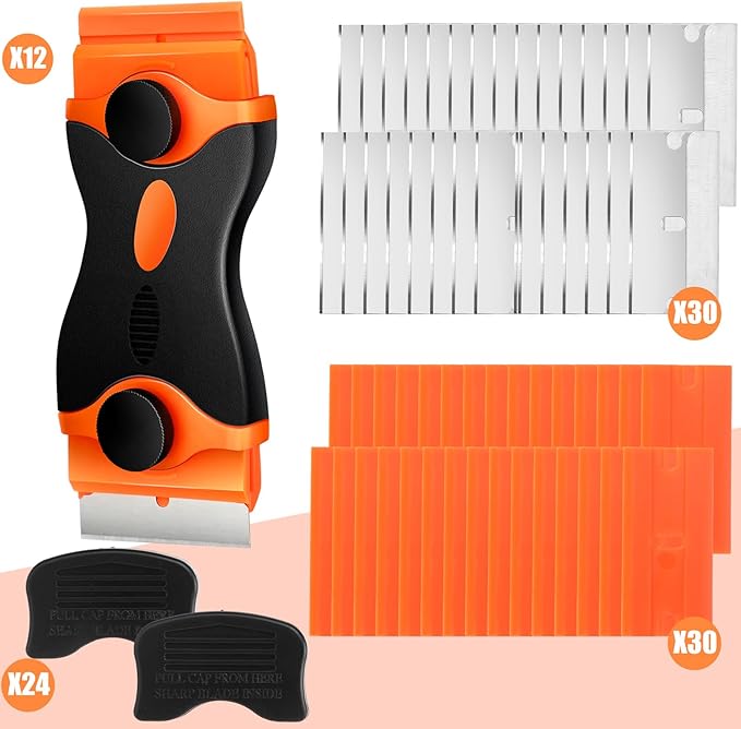 WILLBOND 72 Pcs Double Razor Blade Scraper Tool Set 12 Pcs 2 in 1 Razor Scraper Remover 60 Pcs Metal and Plastic Blades for Decal, Sticker, Label, Caulk Adhesive, Paint Stovetop, Subfloor (Orange)