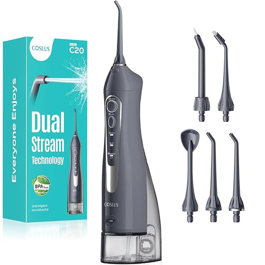 COSLUS Water Dental Flosser Teeth Pick C20(F5020E): Portable Cordless Oral Irrigator 300ML Rechargeable Travel Irrigation Cleaner IPX7 Waterproof Electric Flossing Machine for Teeth Cleaning, Grey