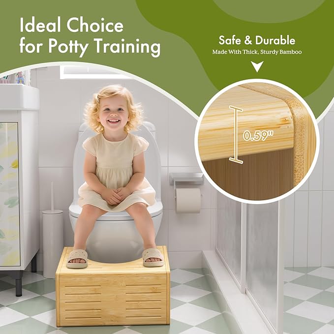 AmazerBath Toilet Stool for Toddler Potty Training, 3-in-1 Sturdy Bamboo One Step Squat Poop Foot Stool, Non-Slip Baby & Kids Potty Step Stool for Bathroom Sink, Kitchen Counter, Bedroom, Closet, 9"