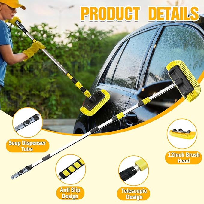 12FT Car Wash Brush with Long Handle, Car Cleaning Brush with 12 Inch Soft Bristle and Soap Dispenser, Solar Panels Cleaner with Telescoping Pole for RV, Truck, Boat, House Siding, Yellow
