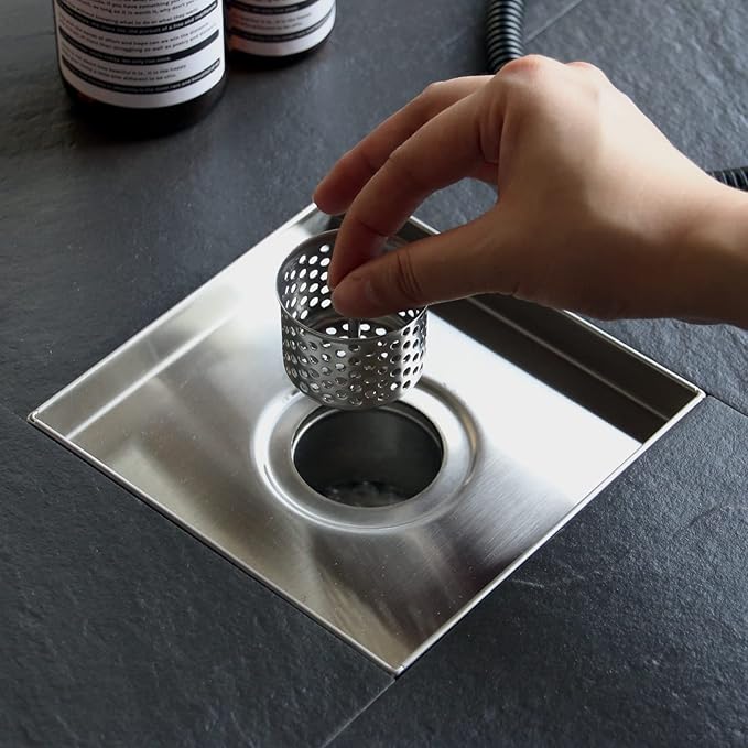 Sharpeye 4 Inch Square Shower Drain with Removable Tile Insert Grate, Brushed 304 Stainless Steel Square Shower Floor Drain, Includes Hair Strainer, CUPC Certified