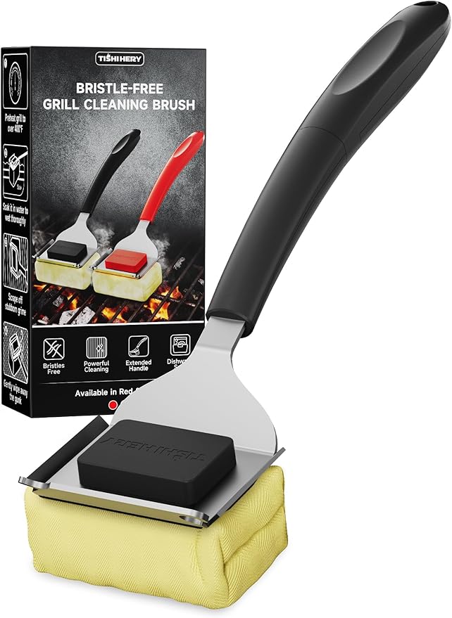 Bristle Free Grill Brush with Scraper for Outdoor Grill Cleaning, Safe Steam BBQ Grill Cleaner, Replaceable Head, Grilling Accessories for Cast Iron, Stainless Steel, Porcelain, Ceramic Grates - Black
