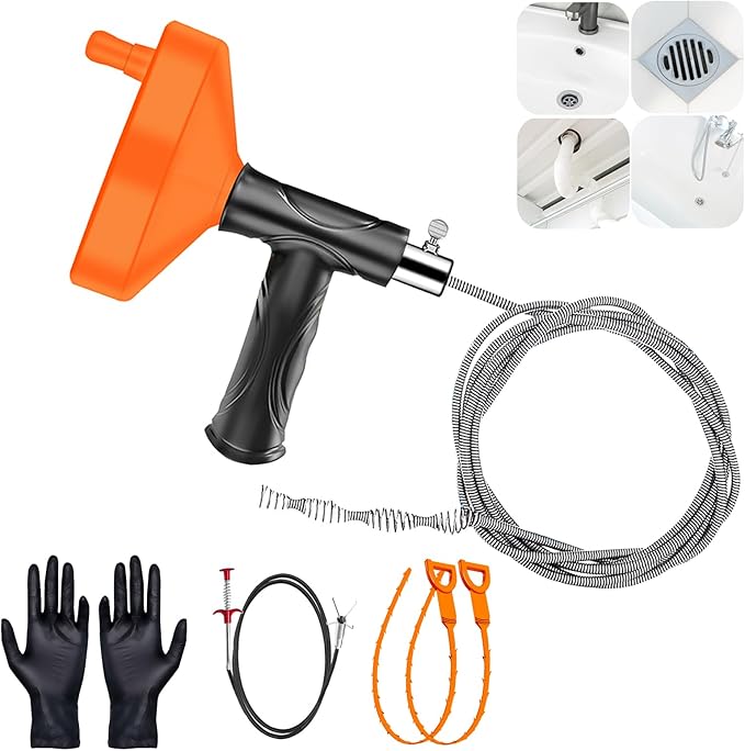 Drain Snake Auger (33 Feet), Plumbing Snake Drain Hair Clog Removal Tool, Heavy Duty Sink Unclogger Drain Cleaner Tool for Bathroom Kitchen Tub Shower with Gloves