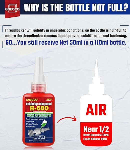 ThreadLocker Green, Thread Lock High Strength Lock Tight for Nuts, Bolts, Fasteners and Metals, Anaerobic Curing Metal Glue to Prevent Loosening and Corrosion (H680-50ml)