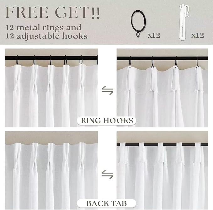 Pinch Pleated Linen 96 Inch Curtains 70 Inch Width for Living Room Divider Light Filtering Thick Linen White Extra Wide Patio Curtains for Sliding Door Balcony Floor to Ceiling Picture Window 1 Panel