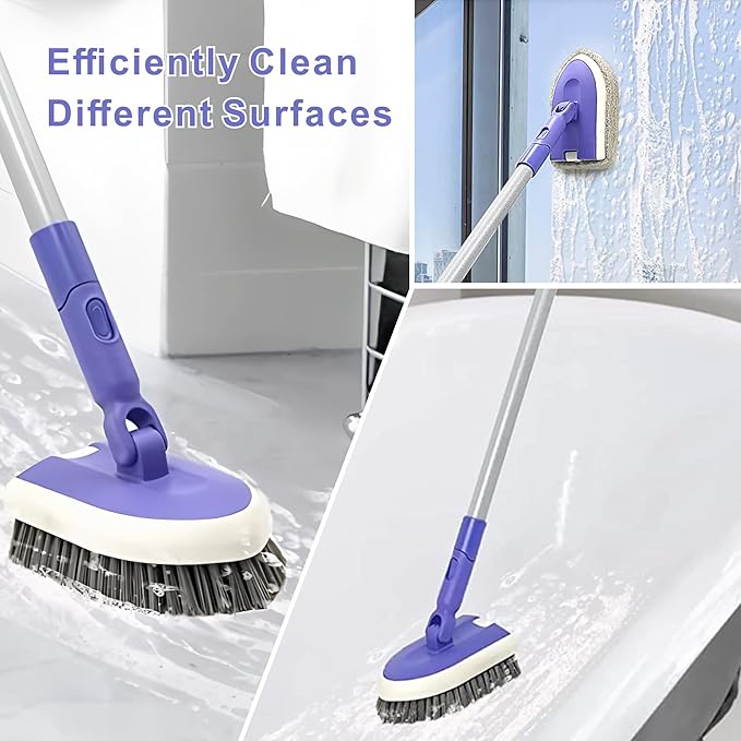 Tile Tub Scrubber Brush with 46.8" Extendable Long Handle, Shower Scrubber Cleaning Brush with 2 Different Function Cleaning Heads for Cleaning Bathroom Kitchen Wall Bathtub Floor