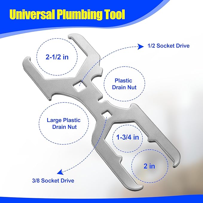 Feekoon 3 Way Sink Strainer Wrench, Basket Strainer Wrench with Sliding Handle, Multifunction Plumber's Tool Fits 1-3/4", 2", 2-1/2" Nuts for Installing and Locking Sink Nuts