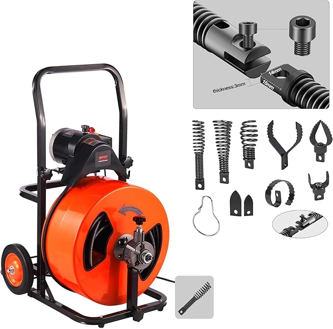 Richcat Drain Snake Drill Attachment,Cutter and Auger Set,Used in 50-100FT AC Drain Cleaning Machine,Fits 5/16 to 3/4 inch Drain Snake Cable,Drain Cleaner Combination Cutter Heads,410 stainless steel