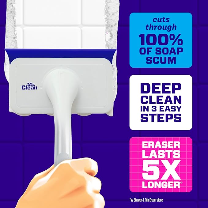 Mr. Clean Magic Eraser Shower & Tub Scrubber, Bathroom Cleaner, All in One Bathroom Cleaner, Lemon Starter Kit, 1 Scrubber & 2 Foaming Magic Erasers (Pack of 8)