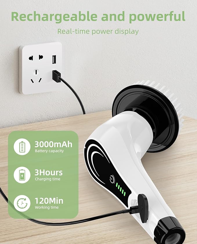 Electric Spin Scrubber, Cordless Power Scrubber with 7 Brush Heads &Telescopic Handle, Lightweight Bathroom Scrubber for Cleaning Tile Grout Tub Shower Floor Window, White-rx2