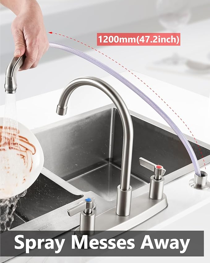 Kitchen Faucet with Sprayer 2 Handle Kitchen Sink Faucets 8 Inch Centerset 3 Hole with Supply Lines Brushed Nickel