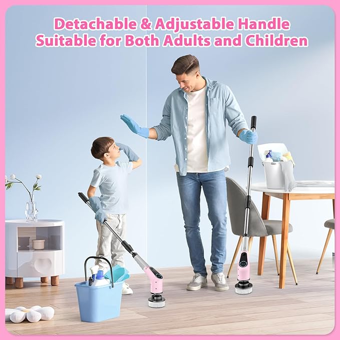 Electric Spin Scrubber, Cordless Cleaning Brush, Shower Scrubber with 8 Replaceable Brush Head, Power Cleaning Brush with Extension Handle, 2 Adjustable Speed, for Bathtub Tile Floor
