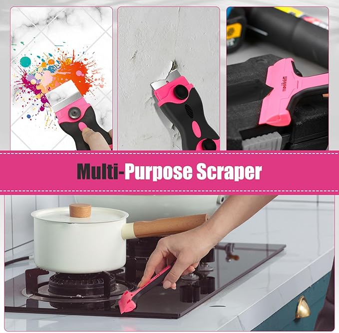 THINKLEARN Razor Blade Scraper Tool, 2Pcs Pink Razor Scraper with 40Pcs Replacement Blades, Glass Scraper for Removing Decals, Tint, Stickers, Labels, Caulk, Adhesive from Window, Oven, Stove Top