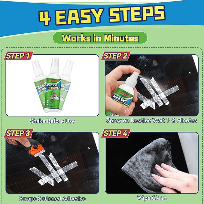 Adhesive Remover Spray Kit, 4 fl oz Sticker Remover for Labels, Glue, Residue, Tape, Decals, Fast Acting Glue Remover Includes Scraper and 10 Extra Plastic Razor Blades for Home, Car, Glass, Metal