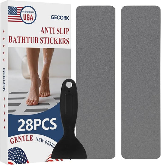 28 PCS Shower Floor Non Slip Stickers with Strong Adhesive, Invisible & Durable Anti Slip Shower Stickers with Scraper for Bath Tub, Pools and Stairs(Grey,Wide Rectangle)