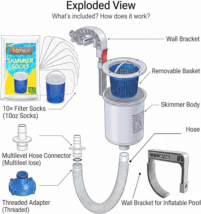 Above Ground Pool Skimmer with 10-Pack Skimmer Socks, Wall Mount Surface Skimmer for Inflatable & Metal Frame Pools, Auto Skims Leaves, Debris, Removable Basket, Works with 800+ GPH Pump