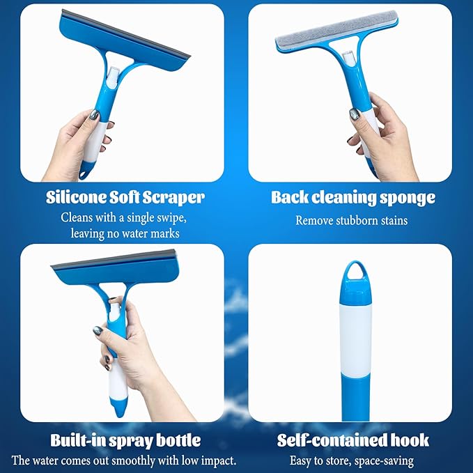Shower Squeegee for Glass Doors,Household Window Mirror Squeegee for Bathroom Glass Tile Wall Car Spray Squeegee and Wipe Windows All-in-One(Blue)