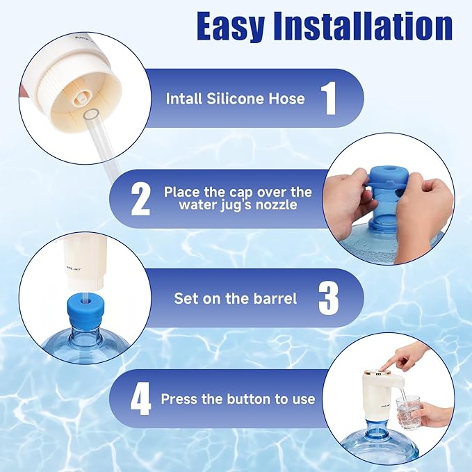 Dual Pump Water Dispenser for 5 Gallon Bottle, Electric Water Bottle Pump with Water Jug Cap, Powerful Flow, USB Rechargeable Automatic for Home, Office, Camping-Beige